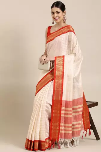 White & red checked zari silk cotton saree