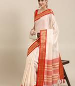 White & red checked zari silk cotton saree