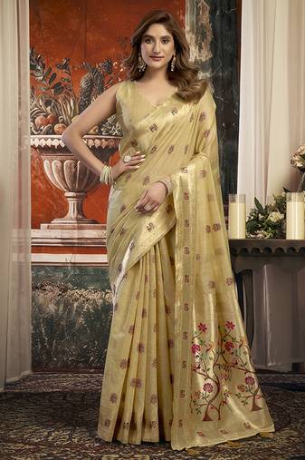 Beige kota silk blend paithani saree with meenakari floral bootis