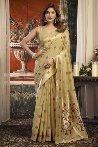 Beige kota silk blend paithani saree with meenakari floral bootis