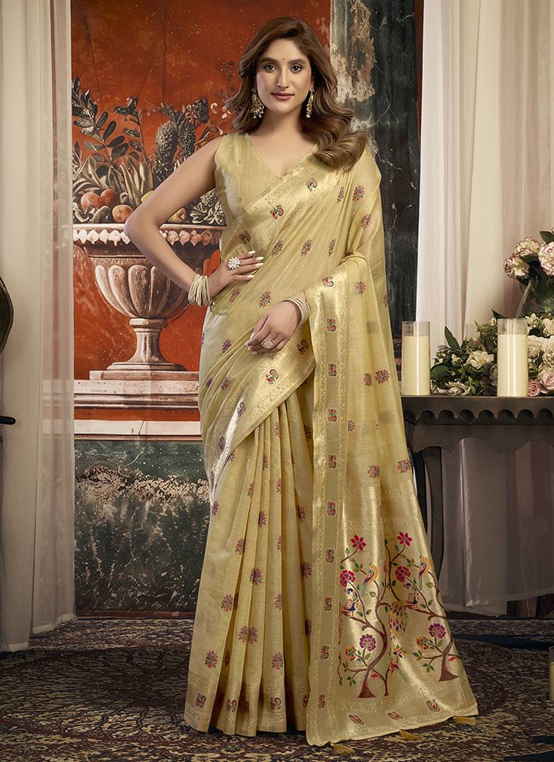 Beige kota silk blend paithani saree with meenakari floral bootis