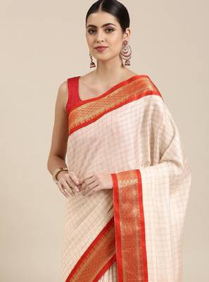 White & red checked zari silk cotton saree 2