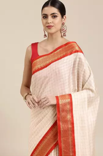 White & red checked zari silk cotton saree