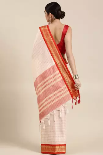 White & red checked zari silk cotton saree