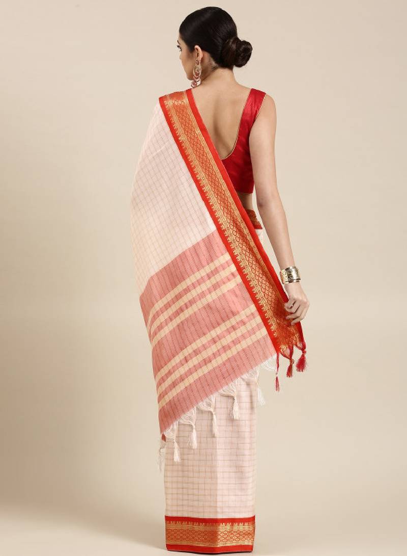 White & red checked zari silk cotton saree