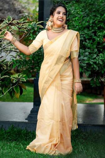 Women zari silk cotton kasavu saree