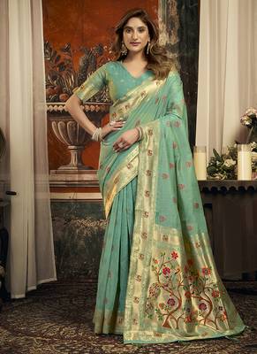 Turquoise kota silk blend paithani saree with meenakari floral bootis 1