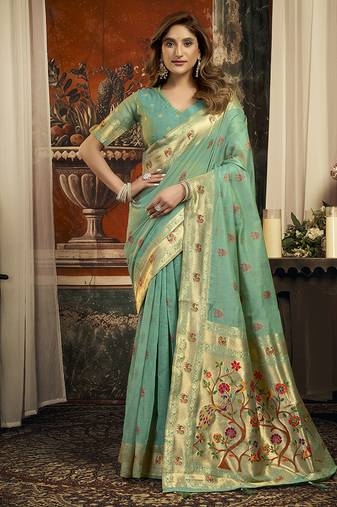 Turquoise kota silk blend paithani saree with meenakari floral bootis