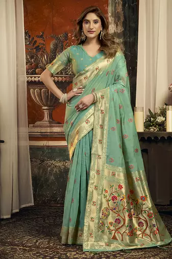 Turquoise kota silk blend paithani saree with meenakari floral bootis