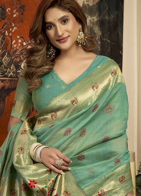 Turquoise kota silk blend paithani saree with meenakari floral bootis 2
