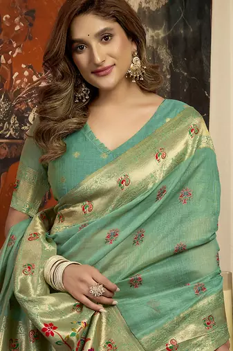 Turquoise kota silk blend paithani saree with meenakari floral bootis