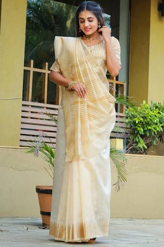 cream silk cotton saree with zari detailed work