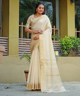 Cream-coloured zari detailed silk cotton saree 2