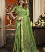 Leaf green cotton blend saree with meenakari work and unstiched blouse
