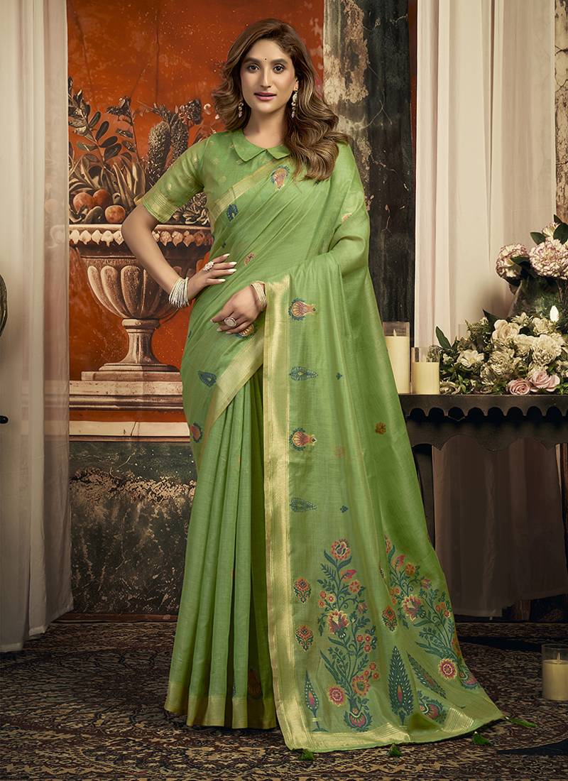 Leaf green cotton blend saree with meenakari work and unstiched blouse