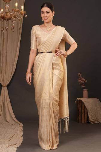 cream silk blend kanjeevaram saree with zari work