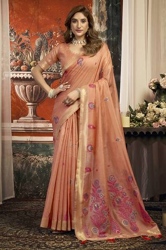 Peach cotton blend saree with meenakari work and unstiched blouse