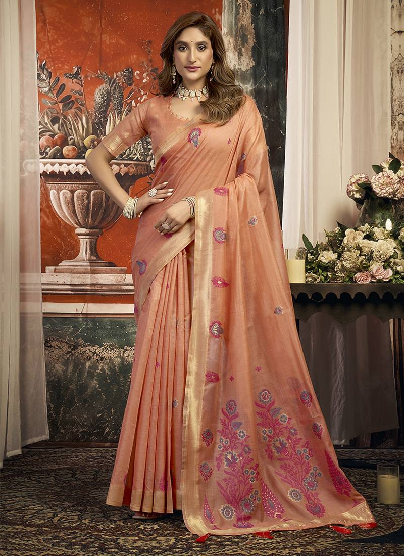Peach cotton blend saree with meenakari work and unstiched blouse