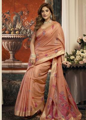 Peach cotton blend saree with meenakari work and unstiched blouse 2