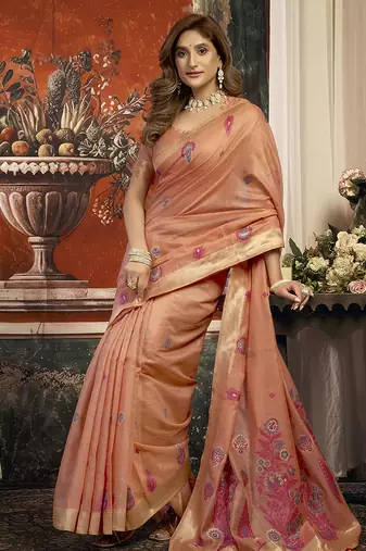Peach cotton blend saree with meenakari work and unstiched blouse