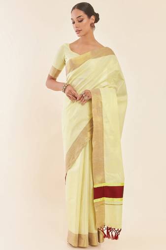 off white tissue kasavu saree with gold zari work