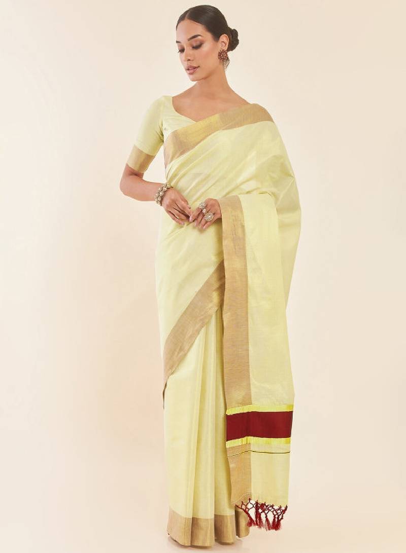Off-white & gold zari tissue kasavu saree