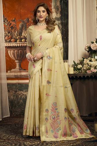 Beige cotton blend saree with meenakari work and unstiched blouse