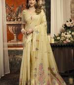 Beige cotton blend saree with meenakari work and unstiched blouse