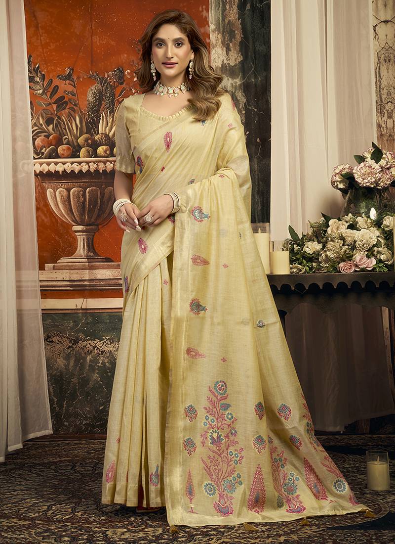 Beige cotton blend saree with meenakari work and unstiched blouse