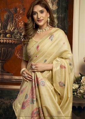 Beige cotton blend saree with meenakari work and unstiched blouse 2