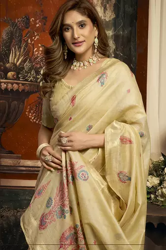 Beige cotton blend saree with meenakari work and unstiched blouse