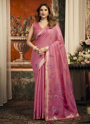 Rose pink cotton blend saree with meenakari work and unstiched blouse 1