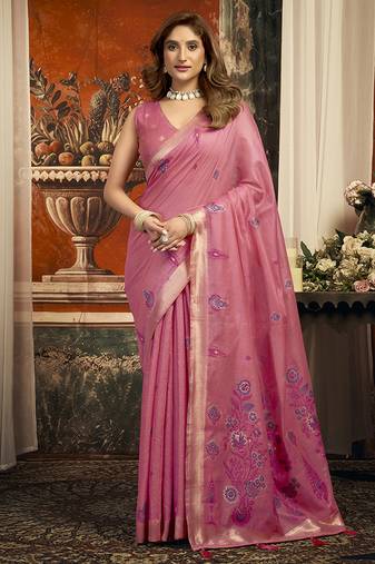 Rose pink cotton blend saree with meenakari work and unstiched blouse
