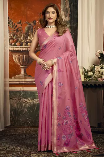 Rose pink cotton blend saree with meenakari work and unstiched blouse