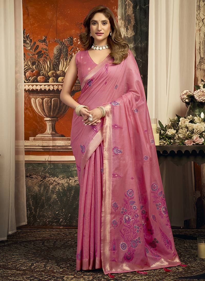 Rose pink cotton blend saree with meenakari work and unstiched blouse