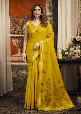 Mustard cotton blend saree with meenakari work and unstiched blouse 1