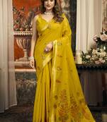 Mustard cotton blend saree with meenakari work and unstiched blouse