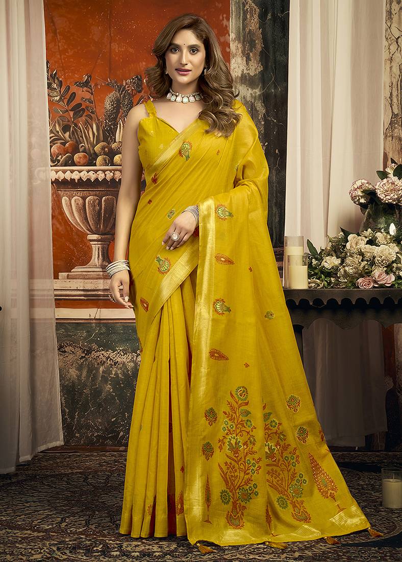 Mustard cotton blend saree with meenakari work and unstiched blouse