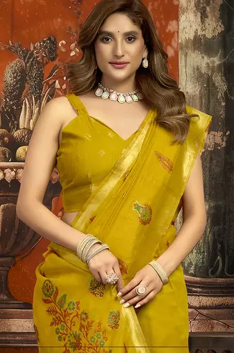 Mustard cotton blend saree with meenakari work and unstiched blouse