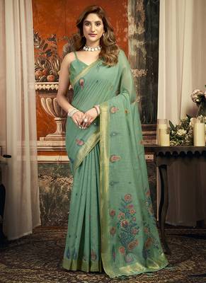 Teal cotton blend saree with meenakari work and unstiched blouse 1