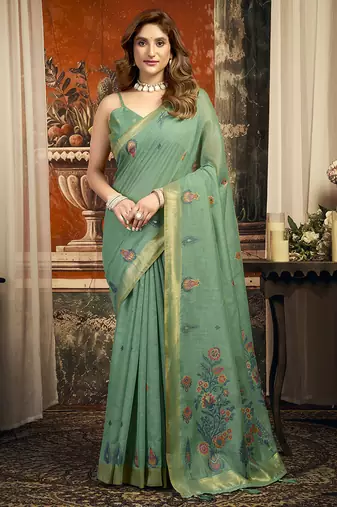 Teal cotton blend saree with meenakari work and unstiched blouse