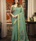 Teal cotton blend saree with meenakari work and unstiched blouse