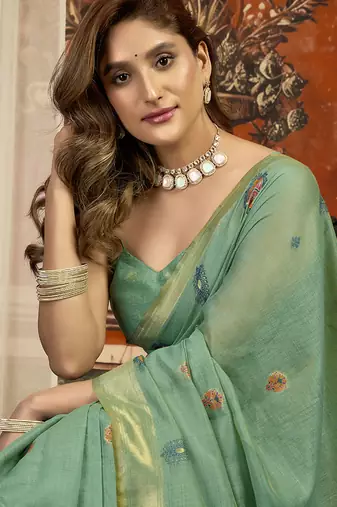 Teal cotton blend saree with meenakari work and unstiched blouse