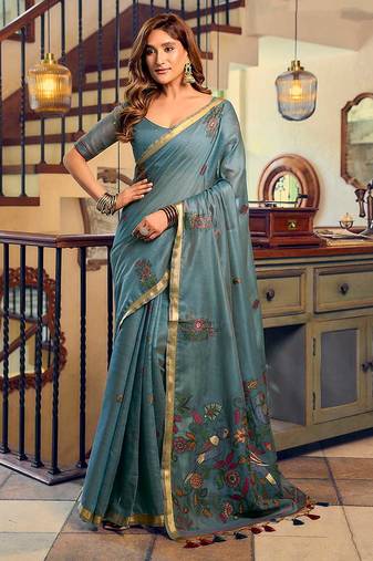 Steel blue cotton blend saree with litchi work & tassels