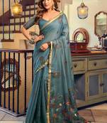 Steel blue cotton blend saree with litchi work & tassels