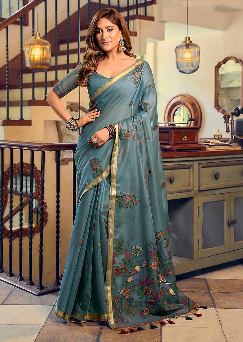 Steel blue cotton blend saree with litchi work & tassels