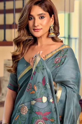 Steel blue cotton blend saree with litchi work & tassels