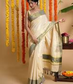 cream tissue kasavu saree with zari work