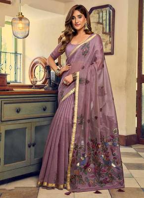 Mauve cotton blend saree with litchi work & tassels 1