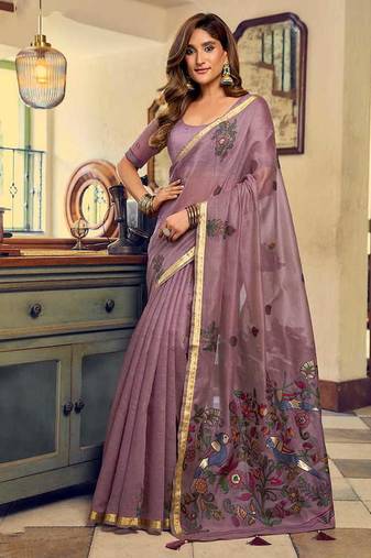 Mauve cotton blend saree with litchi work & tassels